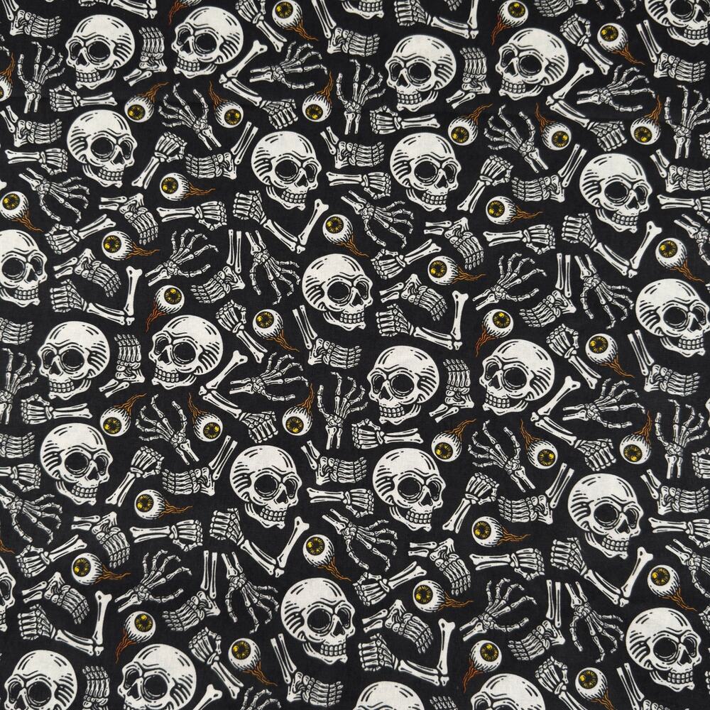 Halloween Skeleton Skulls, Bones, Arms, Feet & Eyeball Cotton Fabric - 1/2 Yard